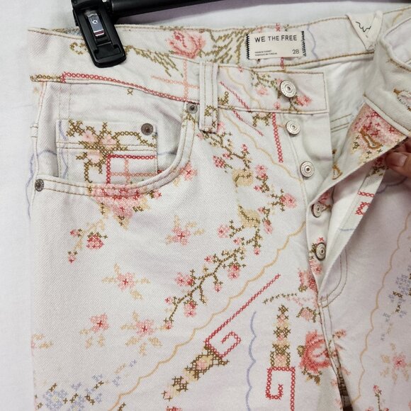 Free People Eden Printed High Slouchy Flare Jean Size 28 Floral Boho Button Fly - Picture 10 of 16